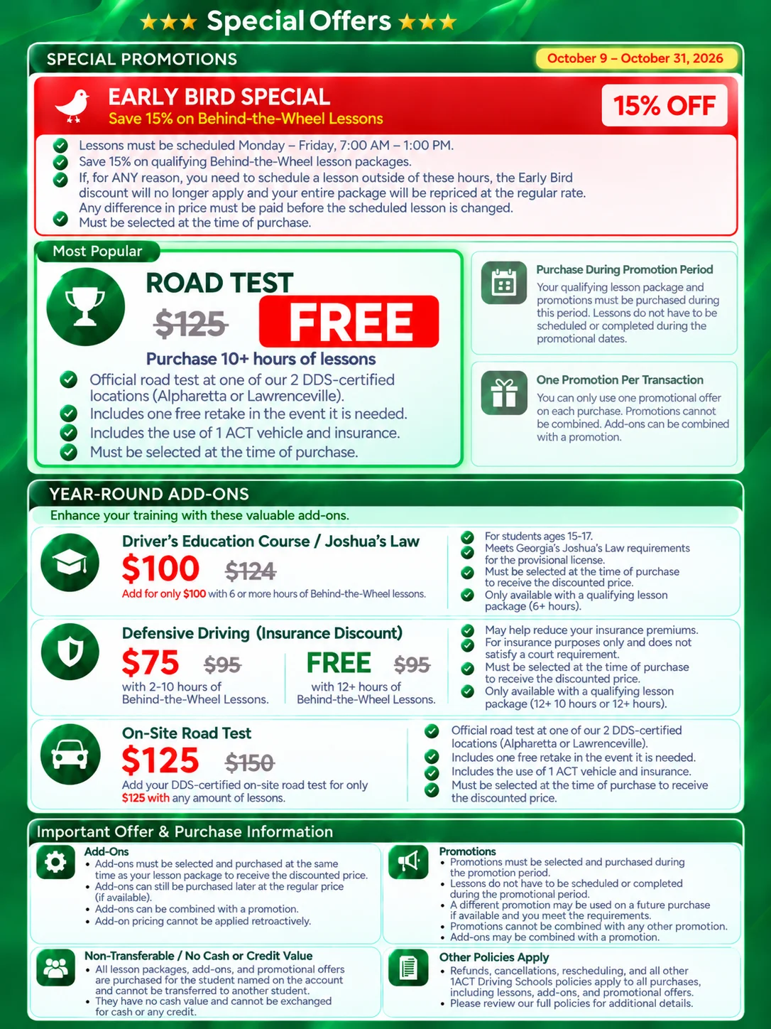 Special Offers - Early Bird 15% off, Free Road Test with 10+ hours, Year-round add-ons